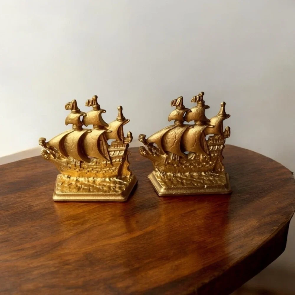 Antique Bronze gilded Bookend Sailing Boat 1803 Galleon Time Of Elizabeth Stamp
